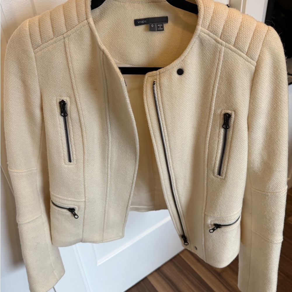 VINCE Zipper Boucle Moto Jacket Sz 0 Cream Stretch Wool Blend
